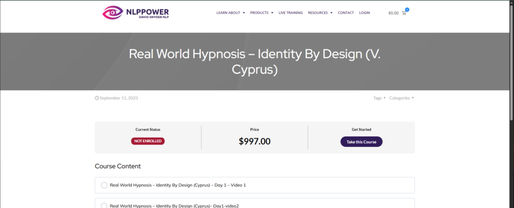 David Snyder – Real World Hypnosis Identity By Design (v. Cyprus – 2023)
